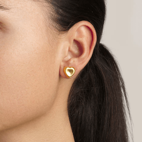 18K Yellow Gold Puffy Heart Stud Earrings