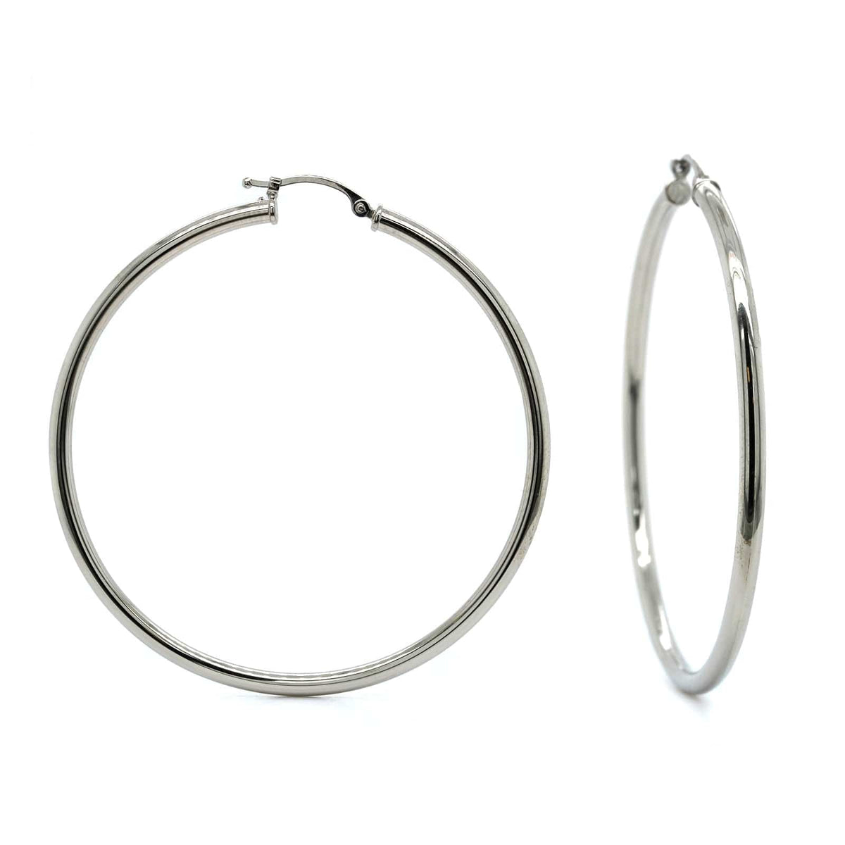 14K White Gold Round Tube Hoop Earrings