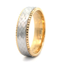 14K Yellow and White Gold Textured Center and Grooved Edge Heritage Band