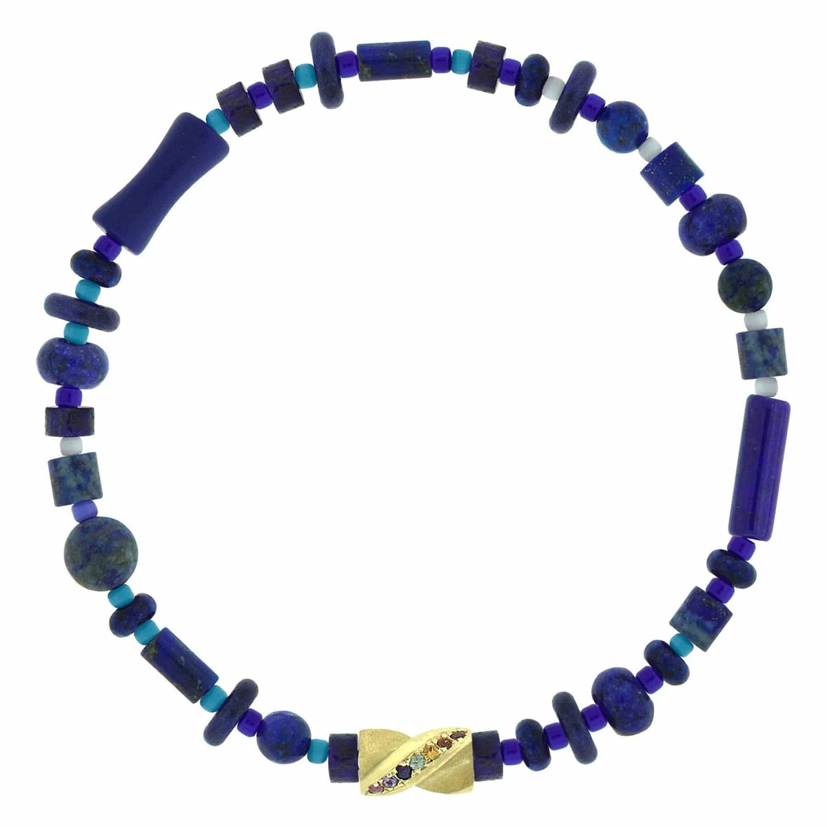 Luis Morais 14K Yellow Gold Rainbow Sapphire Short Drill Bit and Lapis Bead Bracelet