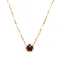 14K Yellow Gold Garnet and Diamond Halo Pendant Necklace
