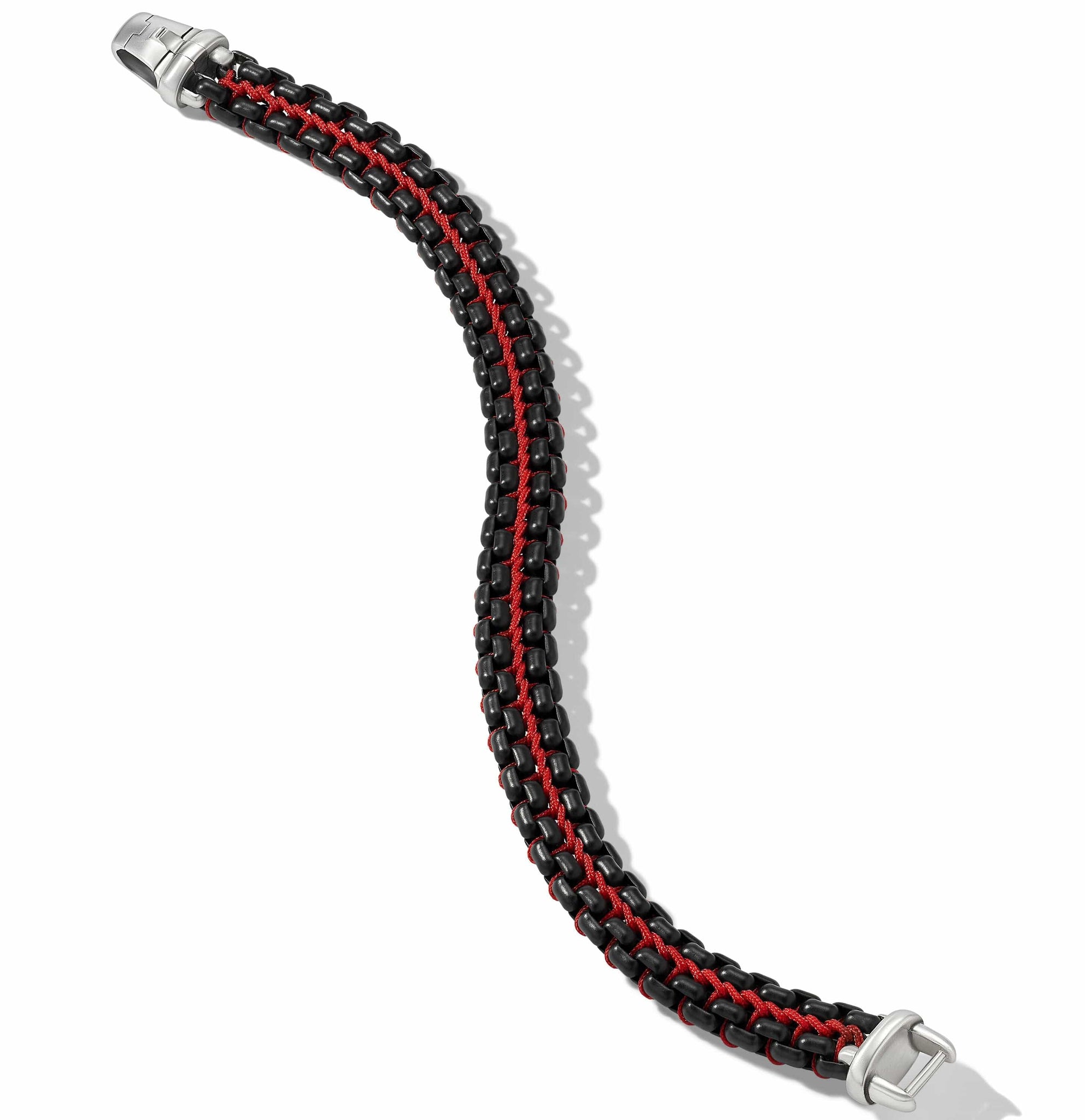 Woven Box Chain Bracelet in Sterling Silver with Black Stainless Steel and Red Nylon