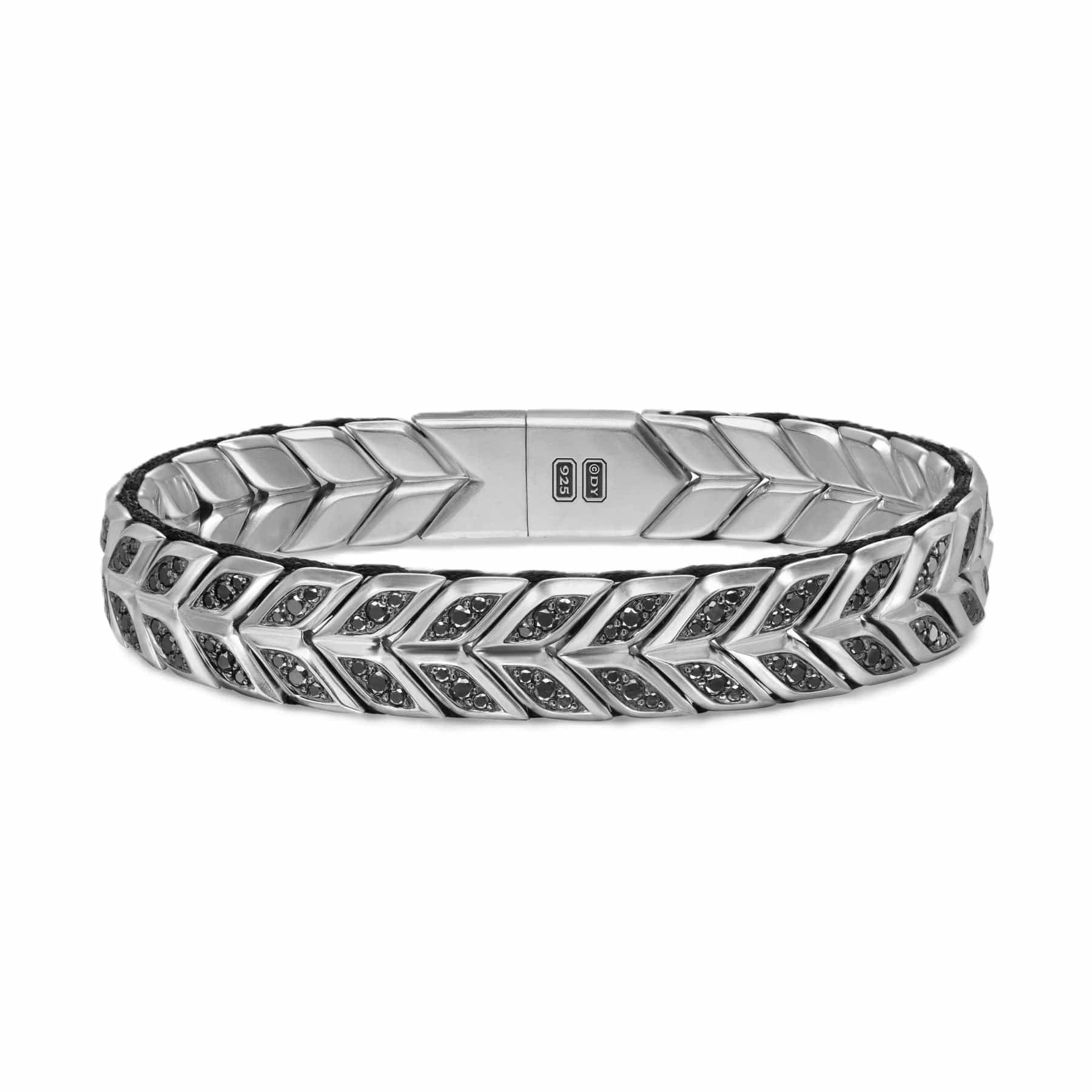 Chevron Woven Bracelet Sterling Silver with Black Diamonds and Black Nylon, 12mm