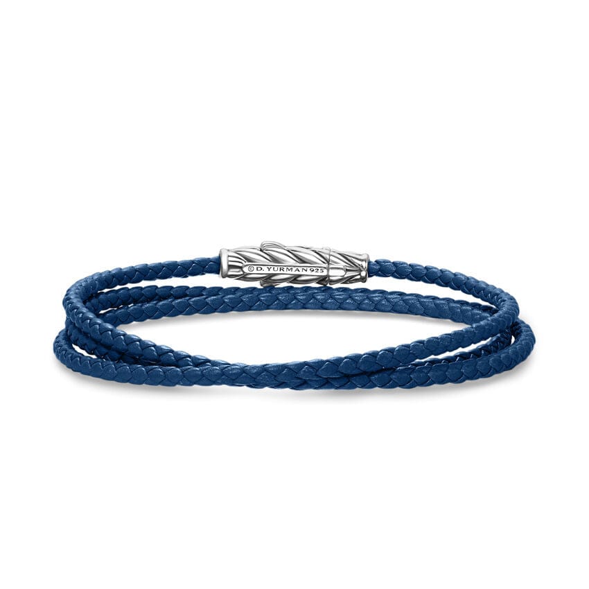 Chevron Triple Wrap Bracelet in Blue Leather with Sterling Silver, 3mm
