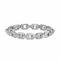 Faceted Flat Link Bracelet Sterling Silver with Diamonds, 11mm