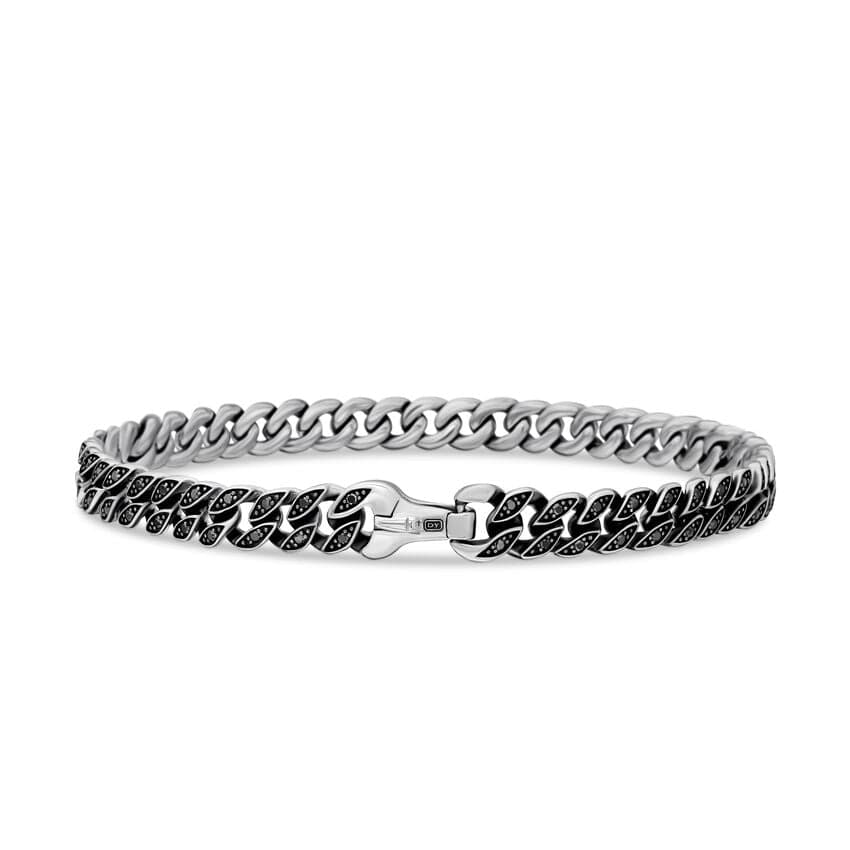 Curb Chain Bracelet in Sterling Silver with Black Diamonds, 6mm
