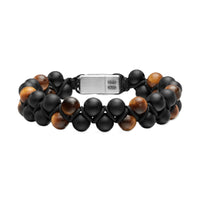 Spiritual Beads Two Row Woven Bracelet Black Onyx, Tiger's Eye, Black Nylon and Sterling Silver, 8mm