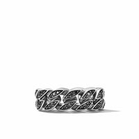 Curb Chain Band Ring in Sterling Silver with Black Diamonds, 8mm