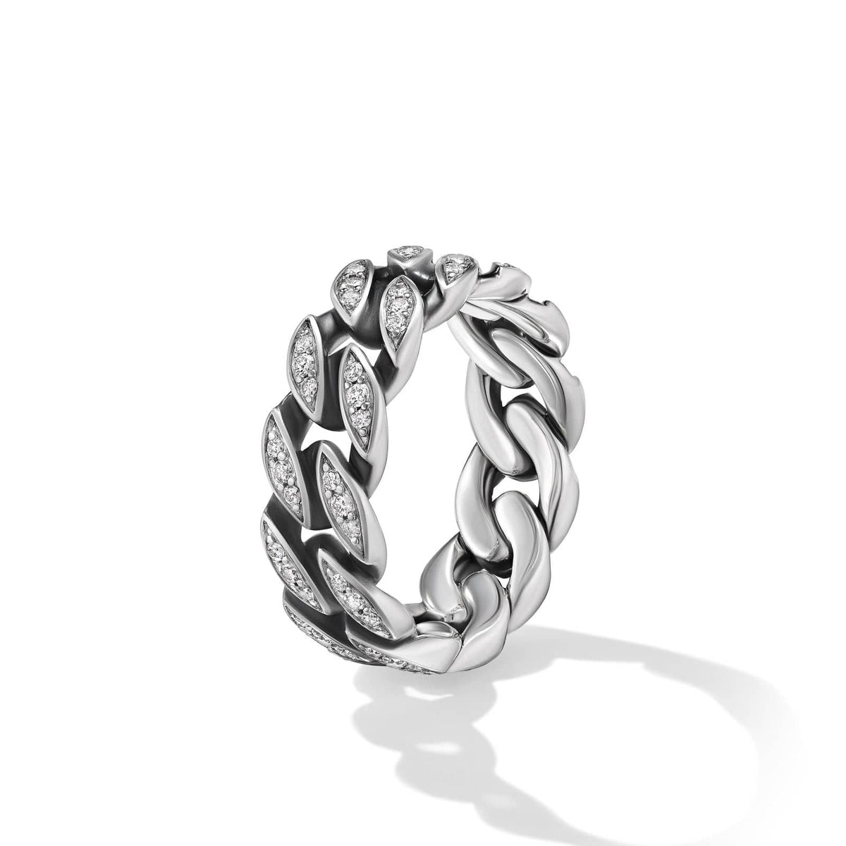 Curb Chain Band Ring in Sterling Silver with Diamonds, 8mm