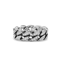 Curb Chain Band Ring Sterling Silver with Diamonds, 8mm