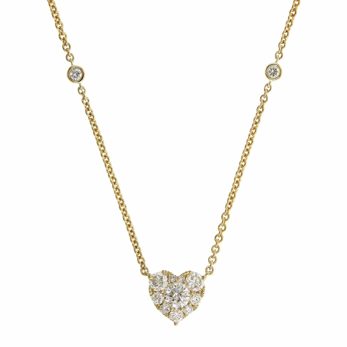 14K Yellow Gold Diamond Cluster Heart Shaped Necklace