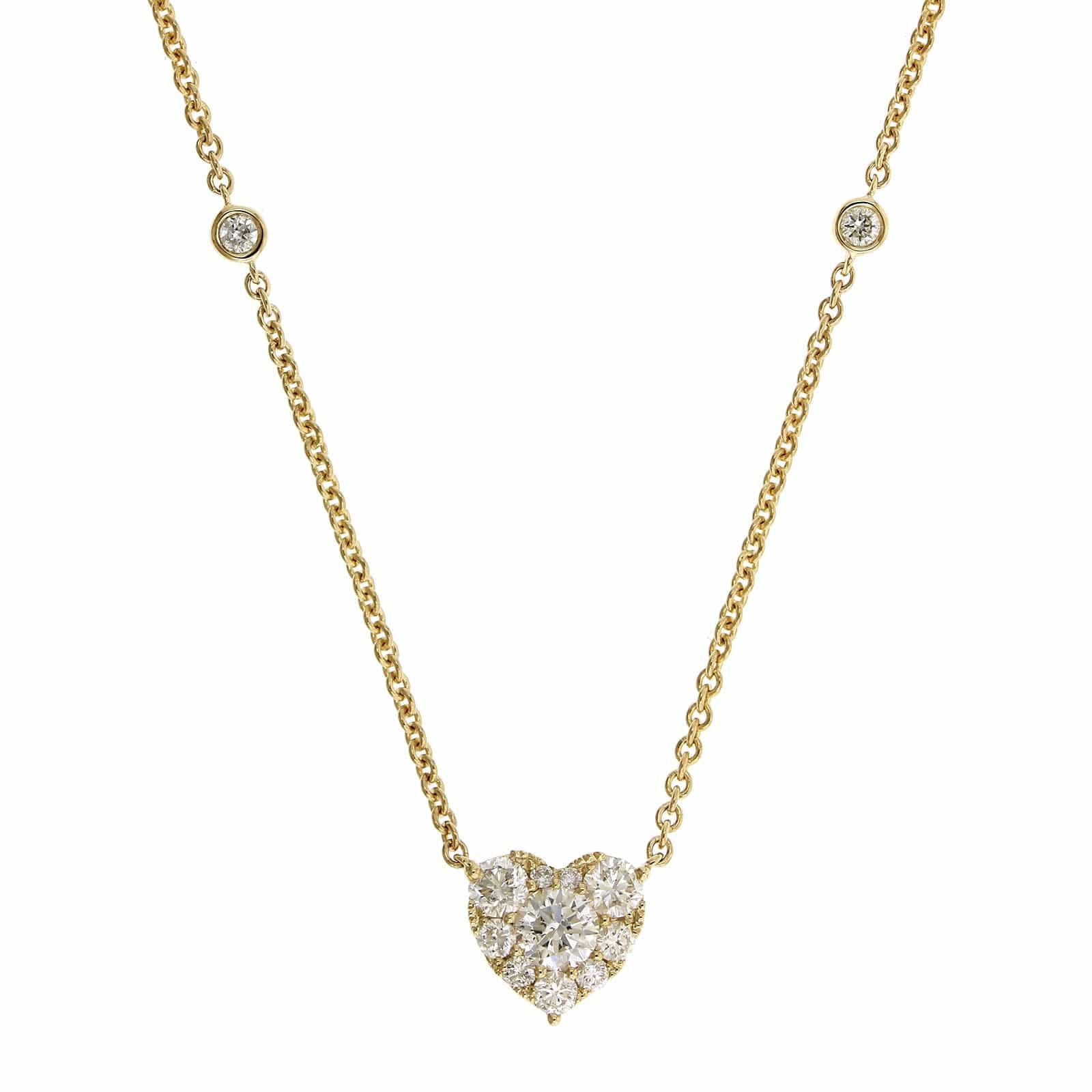 14K Yellow Gold Diamond Cluster Heart Shaped Necklace