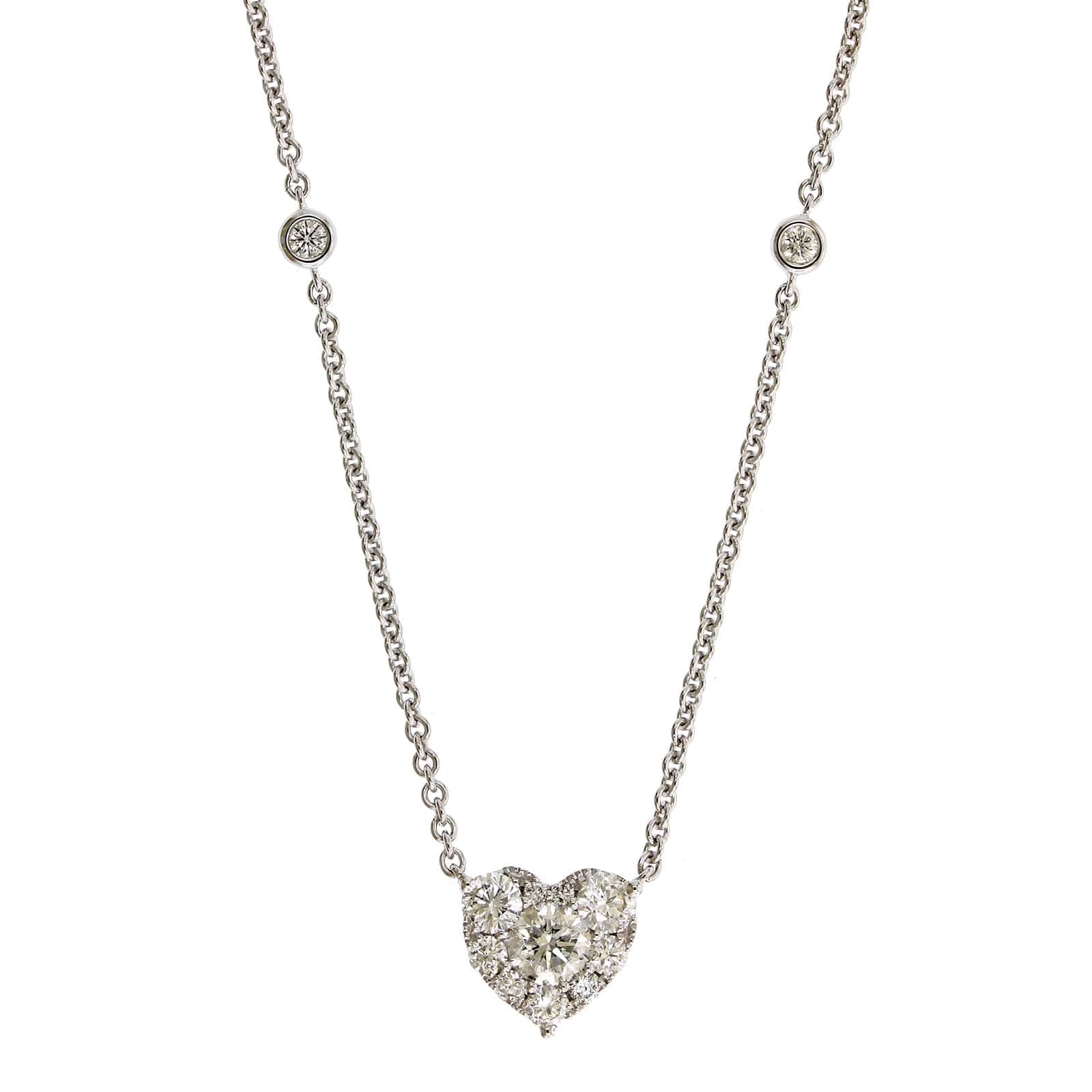 14K White Gold Diamond Cluster Heart Shaped Necklace