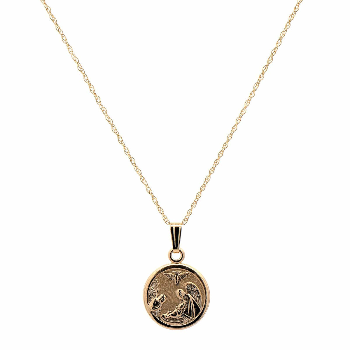 14K Yellow Gold Round Guardian Angel Rope Chain Necklace