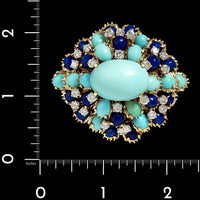 Vintage 14K Yellow Gold Estate Turquoise, Lapis and Diamond Pin