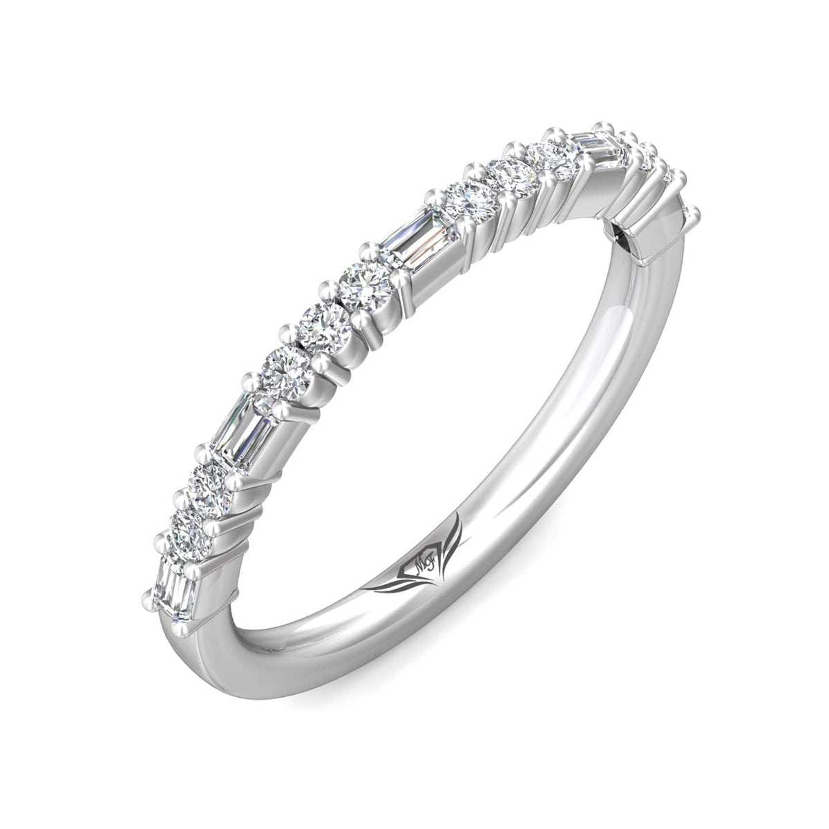 Platinum Round and Baguette Diamond Shared Prong Band