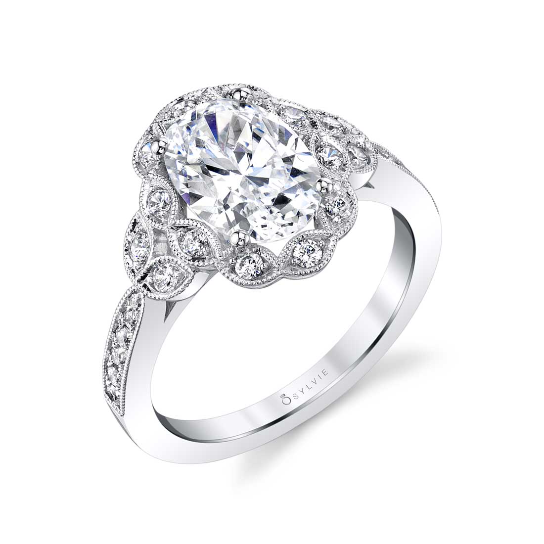 Platinum Vintage Inspired Flower Diamond Halo Engagement Ring Setting
