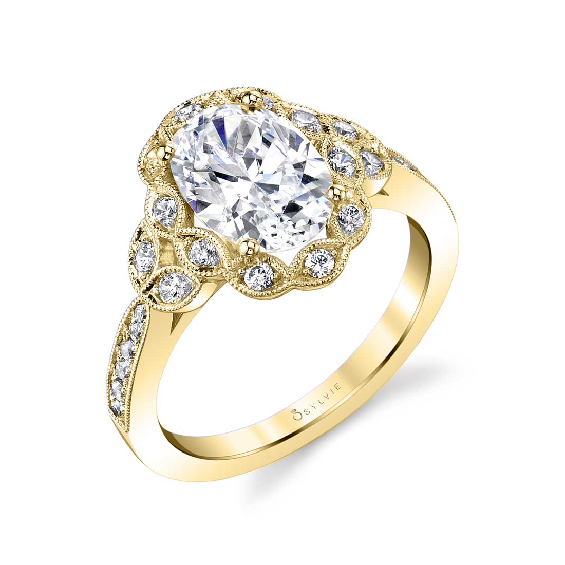 Platinum Vintage Inspired Flower Diamond Halo Engagement Ring Setting
