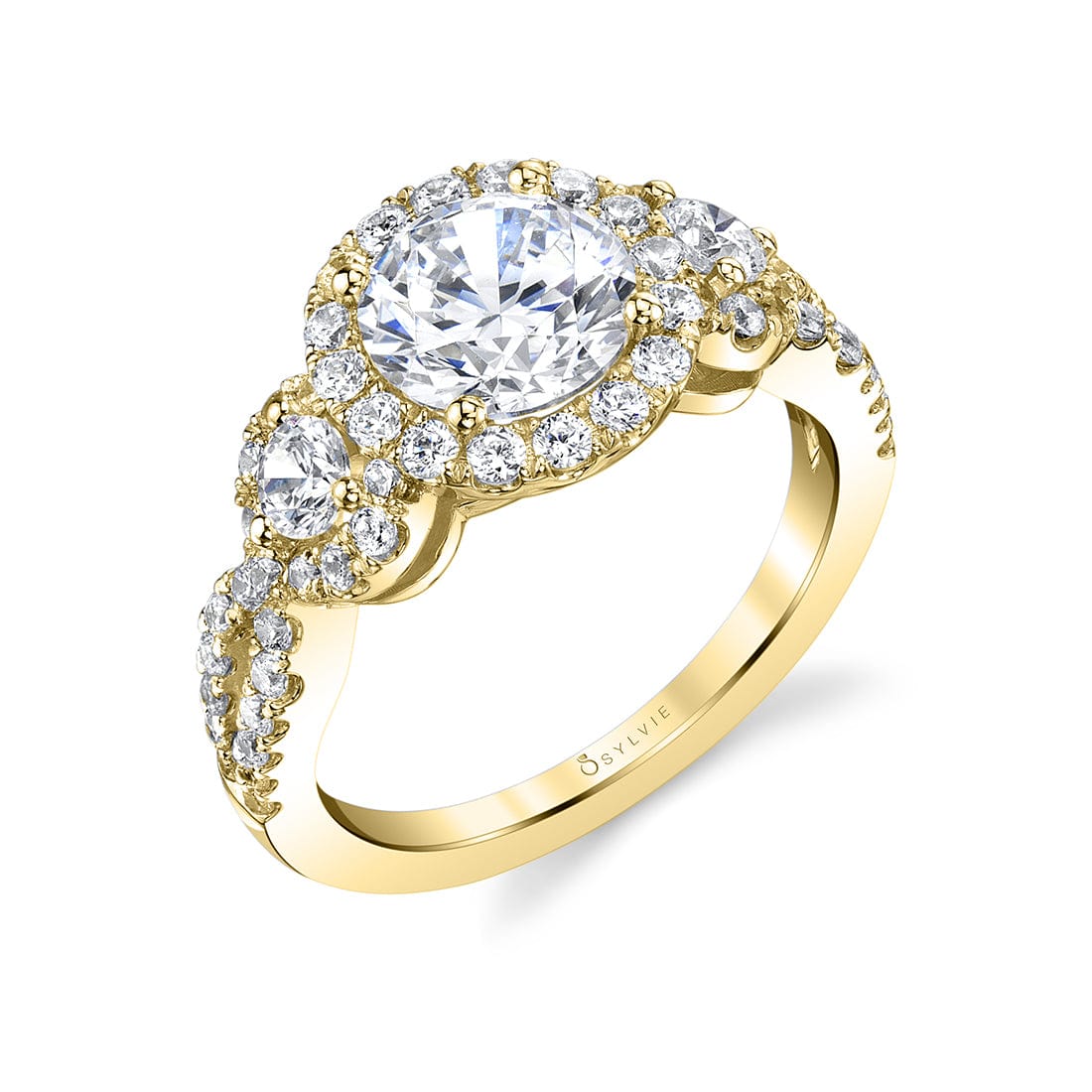 Platinum Vintage Inspired 3 Stone Diamond Halo Engagement Ring Setting