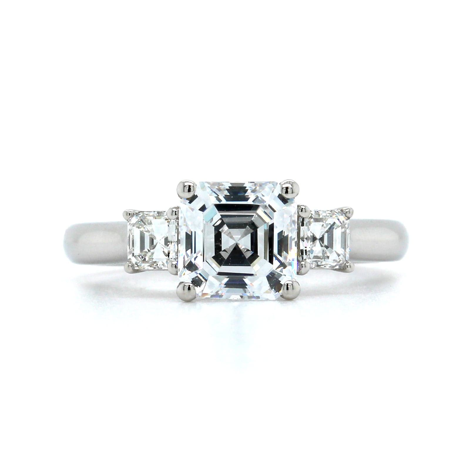Platinum 3 Stone Asscher Cut Diamond Sides Engagement Ring Setting