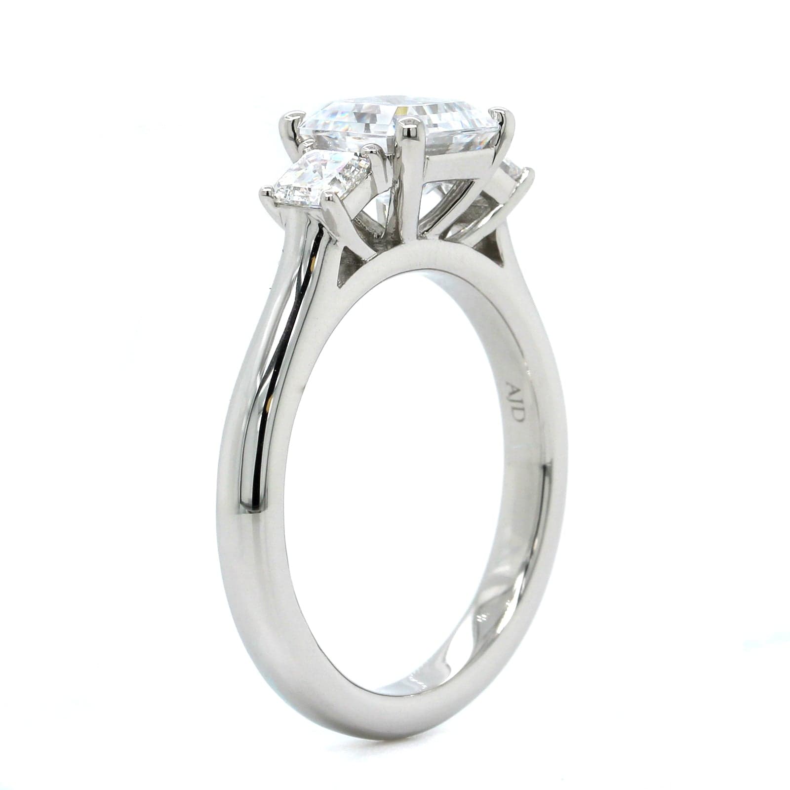 Platinum 3 Stone Asscher Cut Diamond Sides Engagement Ring Setting