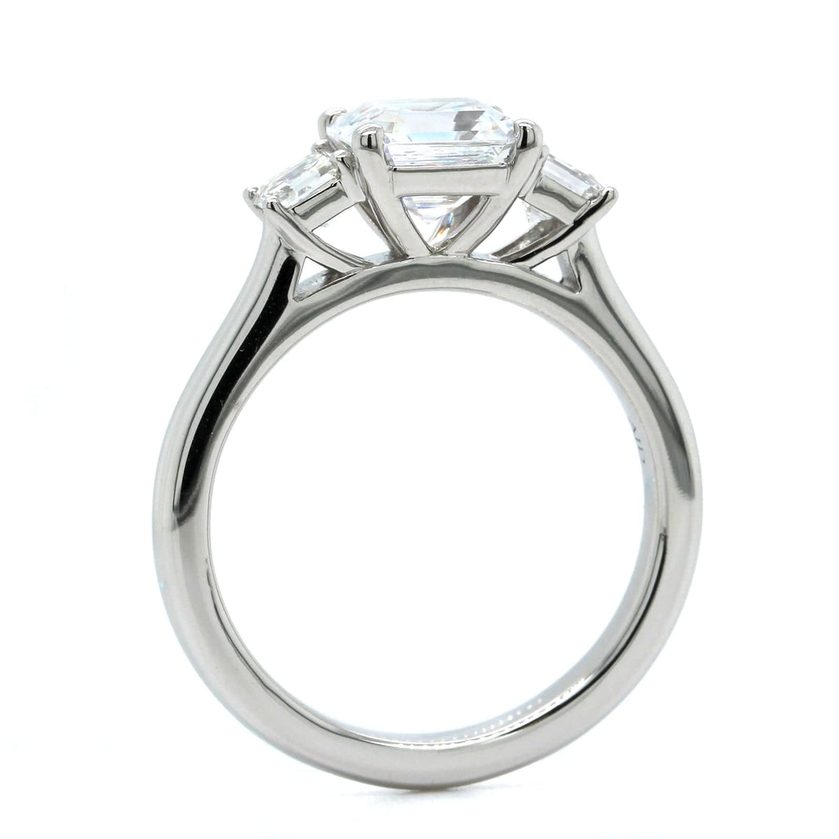 Platinum 3 Stone Asscher Cut Diamond Sides Engagement Ring Setting