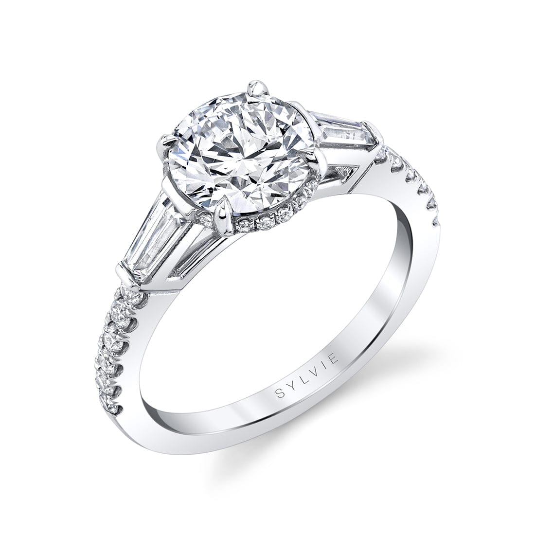 18K White Gold 3 Stone Hidden Diamond Halo Engagement Ring Setting