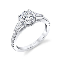 18K White Gold 3 Stone Hidden Diamond Halo Engagement Ring Setting
