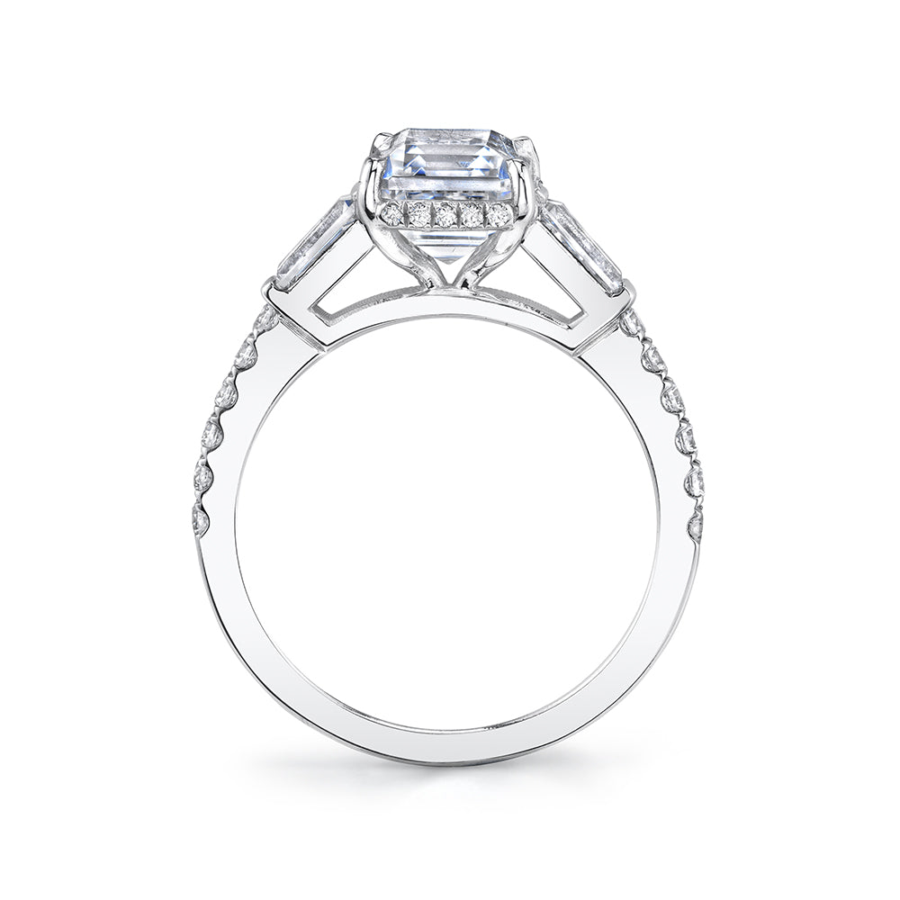 18K White Gold 3 Stone Hidden Diamond Halo Engagement Ring Setting