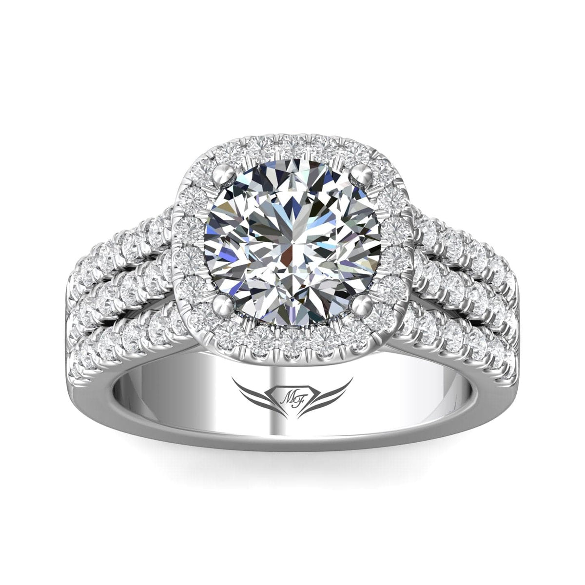Platinum 3 Row Diamond Halo Engagement Ring Setting