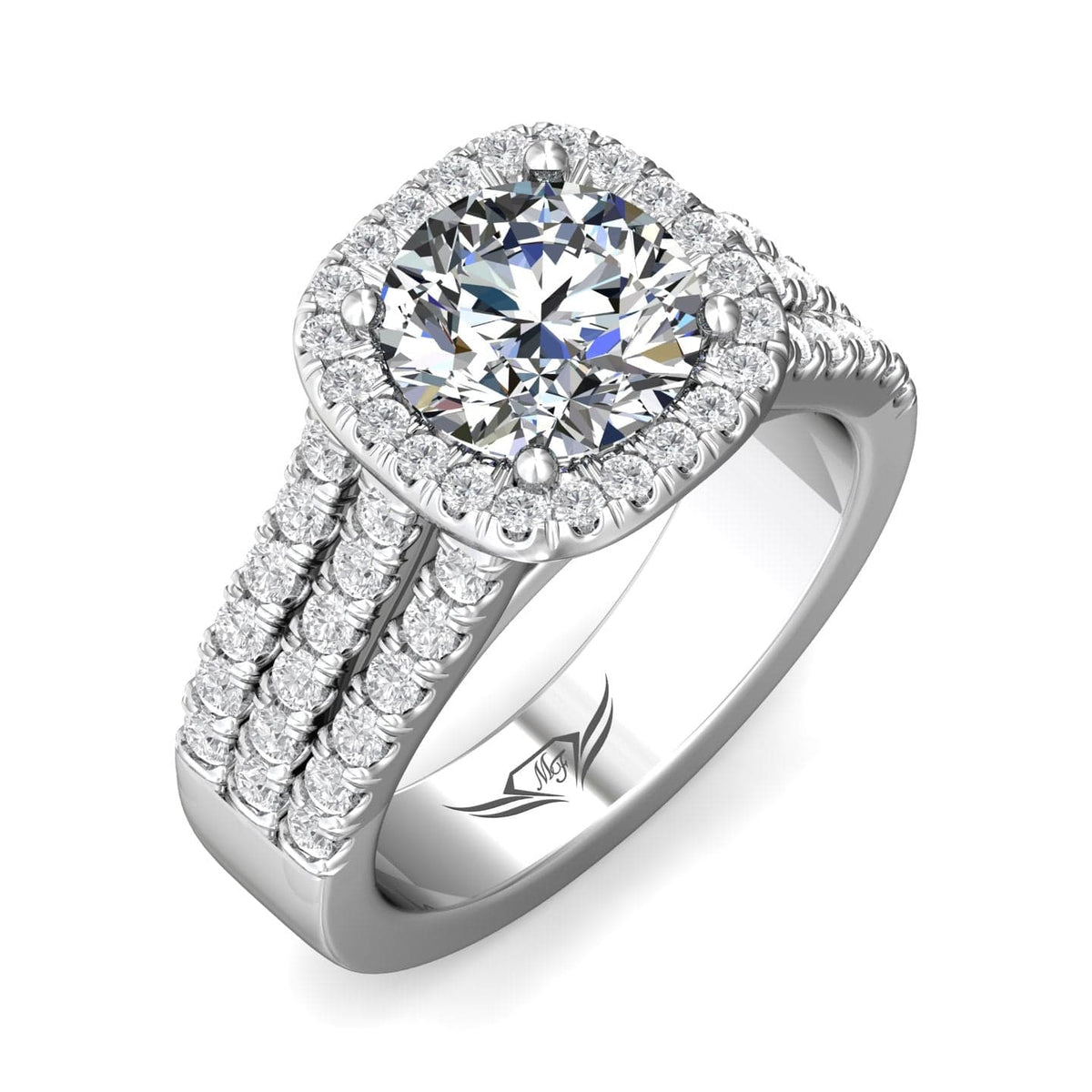 Platinum 3 Row Diamond Halo Engagement Ring Setting