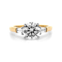 18K Yellow Gold 3 Stone Round Center and Baguette Diamond Engagement Ring Setting