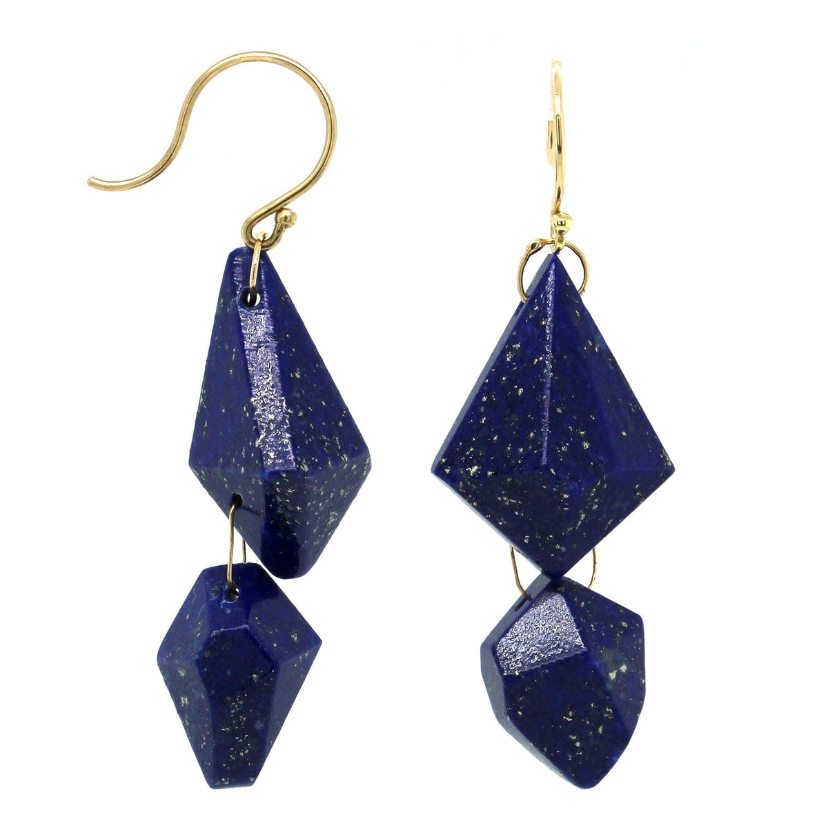18K Yellow Gold Faceted Cut Lapis Small Double Drop Earrings