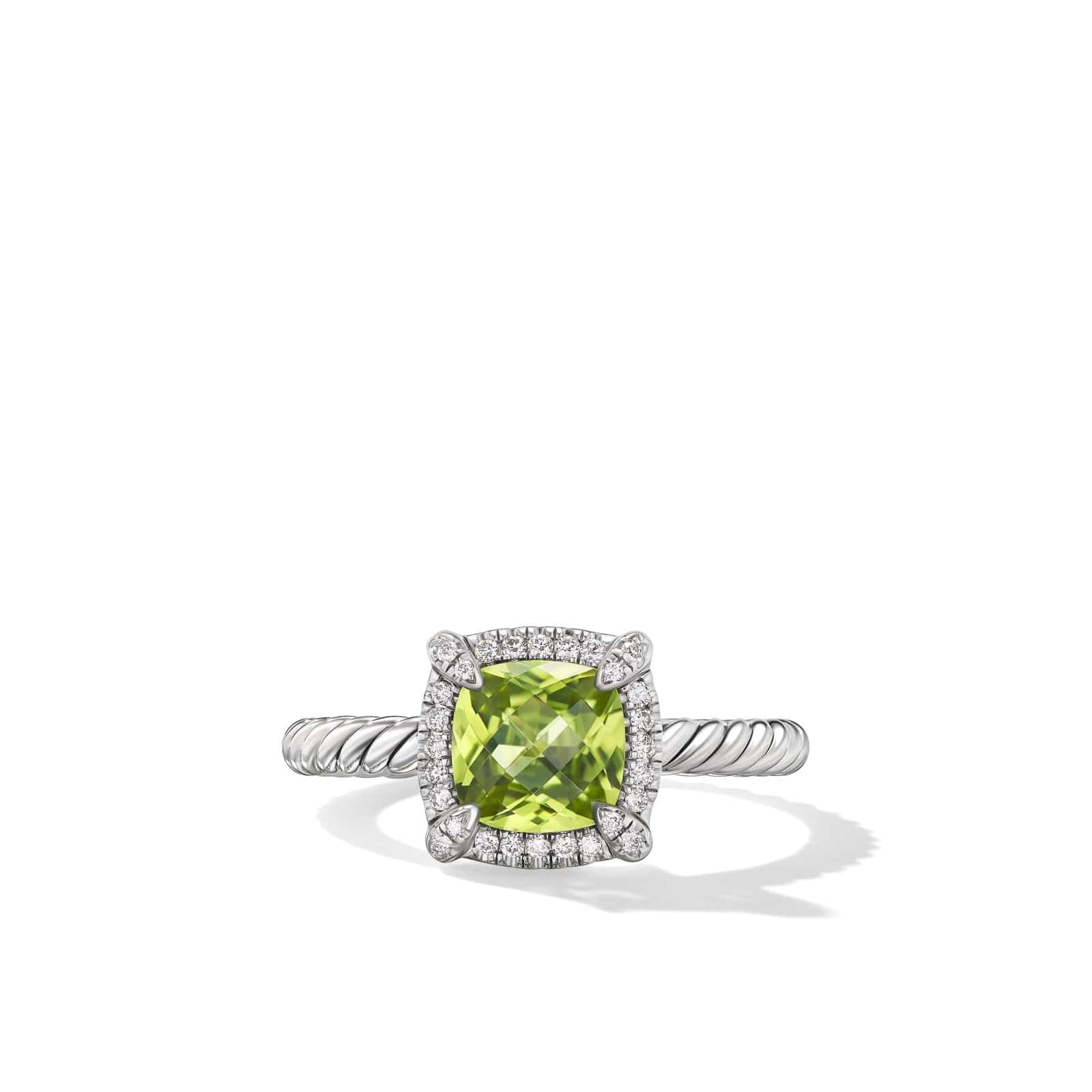Petite Chatelaine Pavé Bezel Ring Sterling Silver with Peridot and Diamonds, 7mm