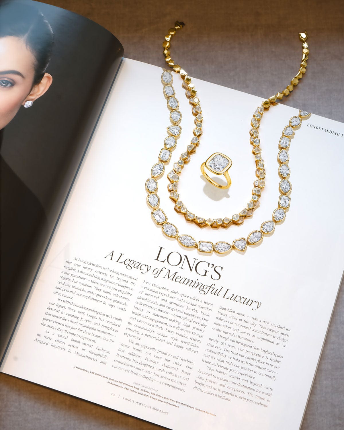 Gold jewelry set including necklace and earrings on an open magazine with 'LONG'S' branding.