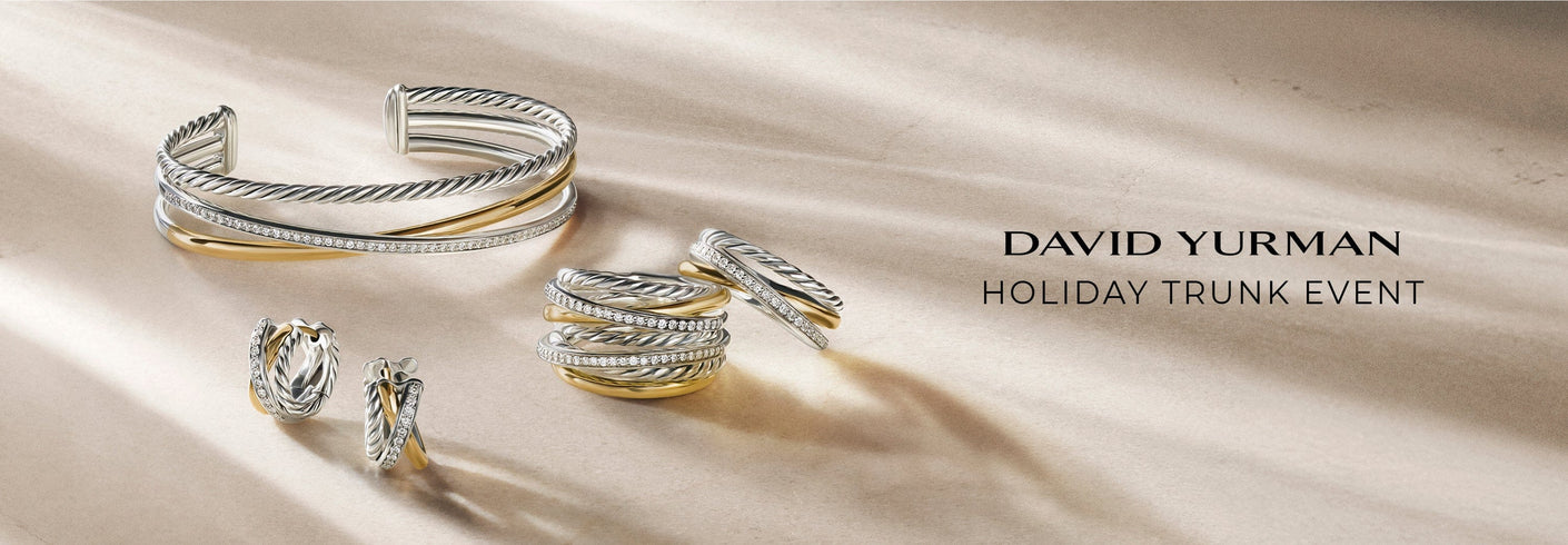David Yurman jewelry on a beige background with 'Holiday Trunk Event' text.