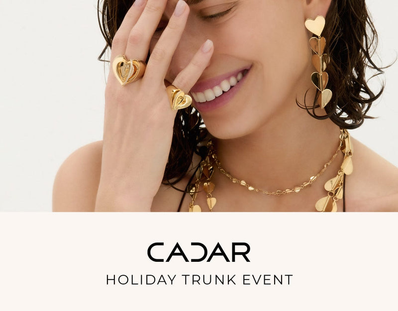 Woman wearing gold jewelry with 'CADAR' branding and text about a holiday trunk event.