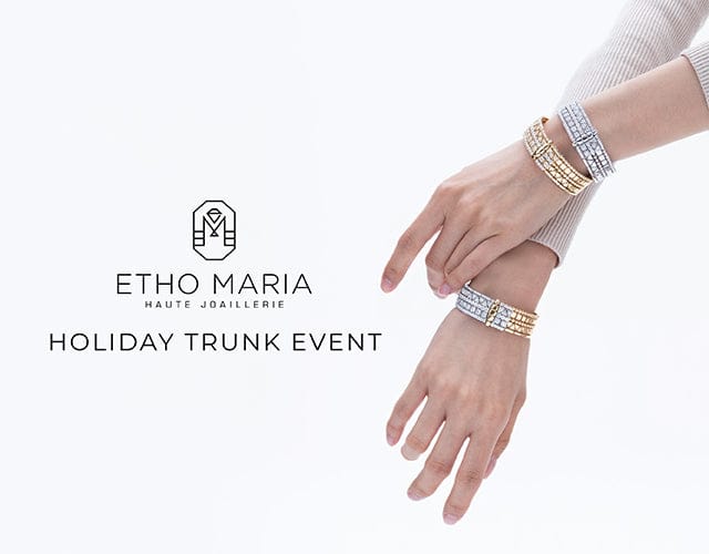 Jewelry display with Etho Maria logo and text about a holiday trunk event.