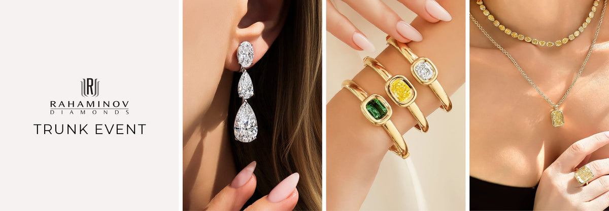 A promotional collage for Rahaminov Diamonds Trunk Event, featuring three vertical panels: a model wearing a silver teardrop drop earring, gold rings with green, yellow, and clear gemstones on a wrist, and a close-up of a gold necklace with a square pendant on a model.