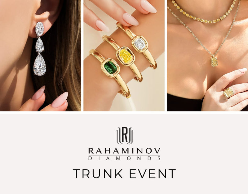 A promotional collage for Rahaminov Diamonds Trunk Event, featuring three close-up jewelry shots: a silver teardrop dangle earring on a model's ear, three gold bangles with colored gemstones on a wrist, and a gold necklace and ring on a model's neck and hand. The bottom panel displays the Rahaminov Diamonds logo and 'TRUNK EVENT' text on a light background.