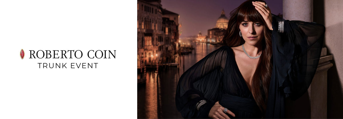 Promotional banner for Roberto Coin Trunk Event, featuring a woman in a black sheer long-sleeve top posing against a Venice canal backdrop at dusk, alongside the event branding on a white sidebar.
