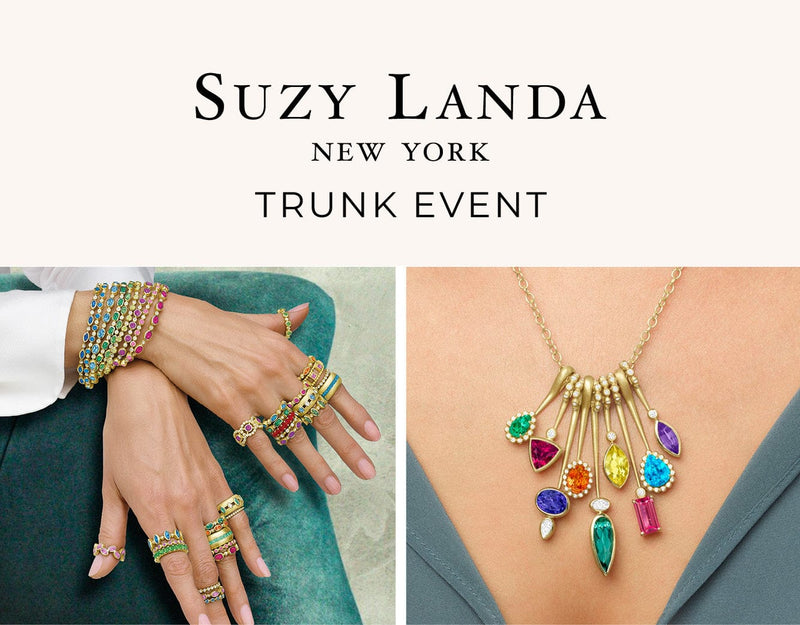 Promotional image for Suzy Landa New York trunk event with jewelry on hands and neck.