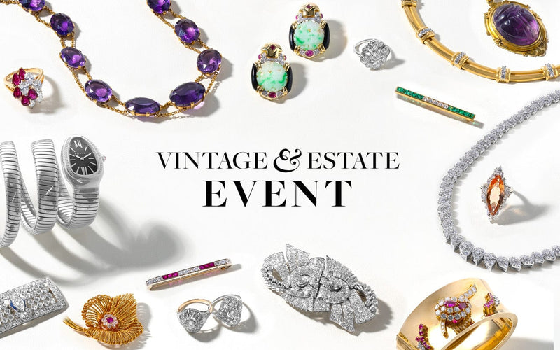 Collection of vintage and estate jewelry with 'Vintage & Estate Event' text.