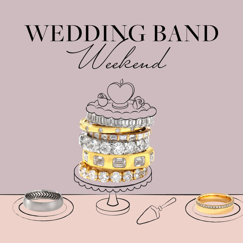 Illustration of wedding bands on a cake stand with 'Wedding Band Weekend' text on a pink background.