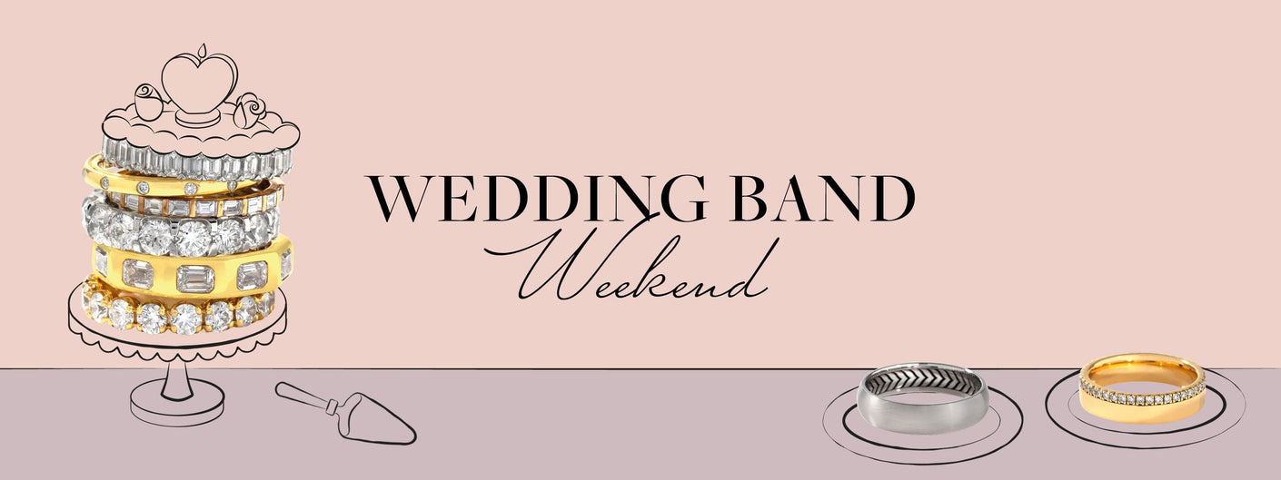 Promotional banner for 'Wedding Band Weekend' with jewelry on a pink background