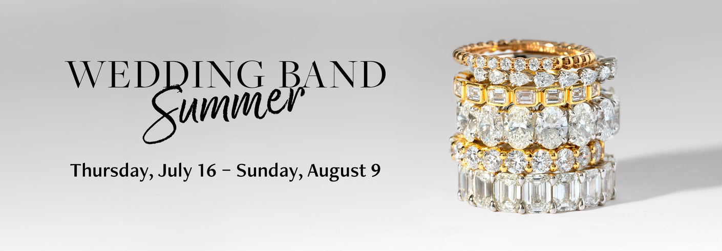 Promotional banner for 'Wedding Band Summer' event with a gold and crystal ring on a light gray background.