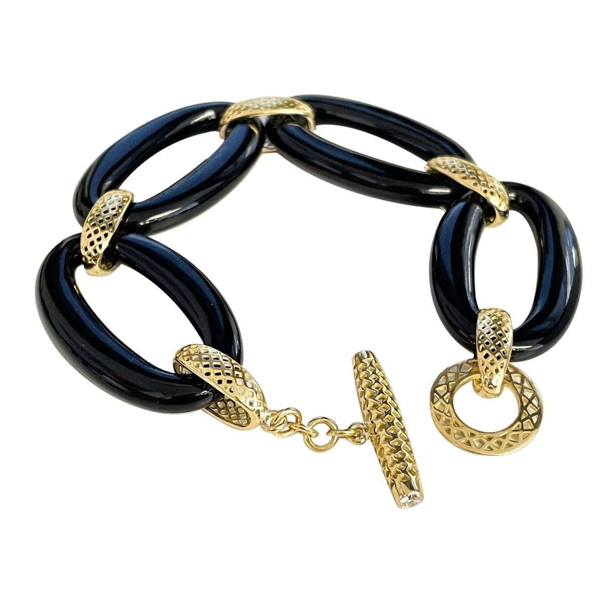 18K Yellow Gold Black Onyx Linked Crownwork Bracelet