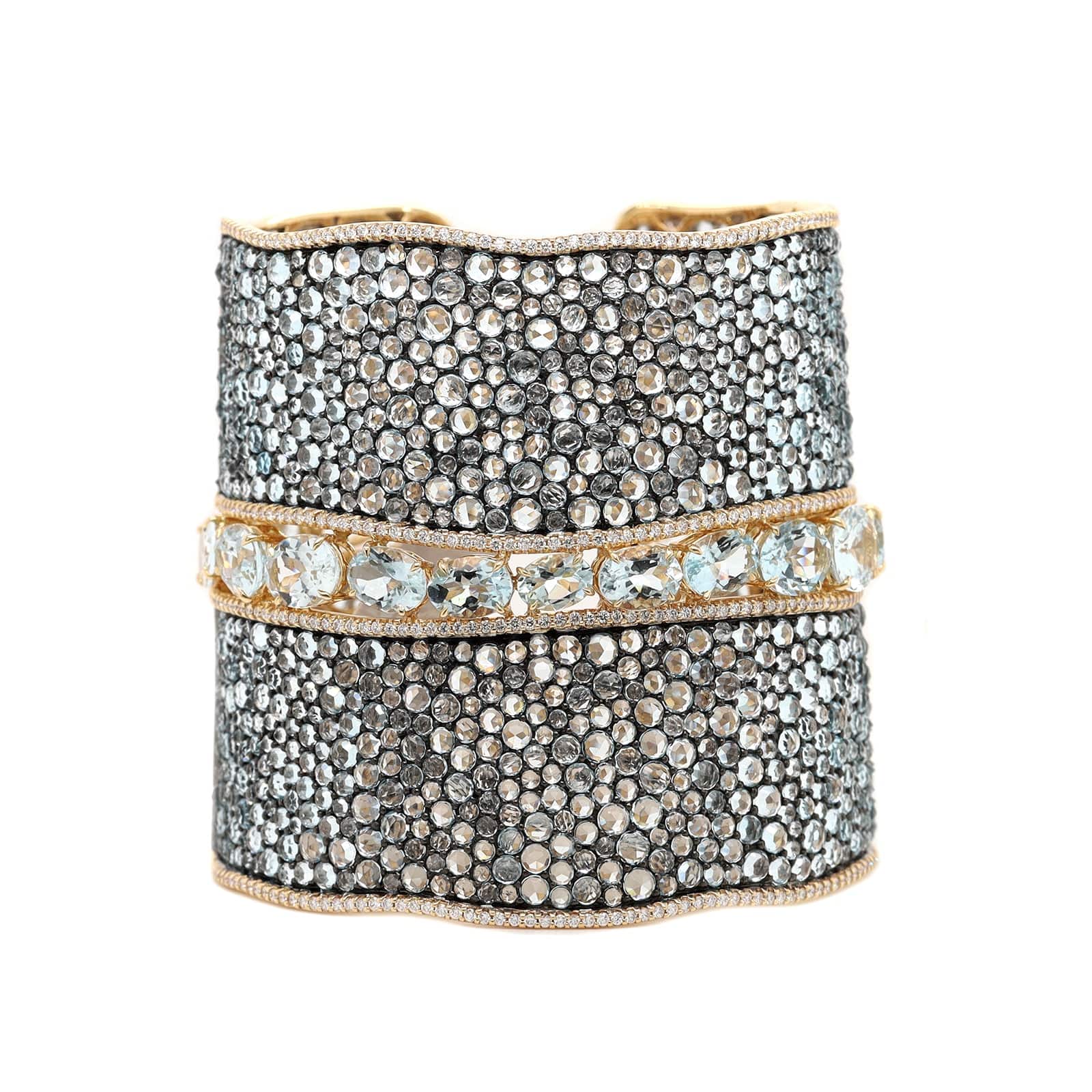 Etho Maria 18K Yellow Gold and Sterling Silver Diamond, Aquamarine, and Topaz Cuff Bracelet