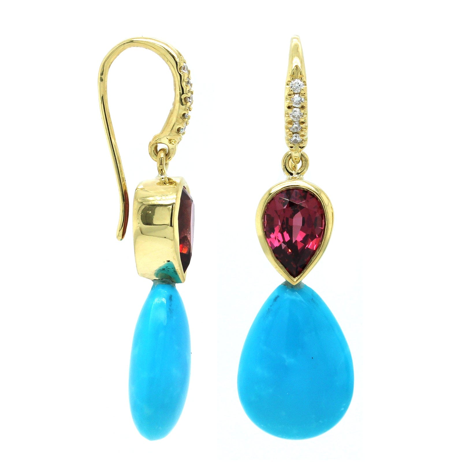 18K Yellow Gold Turquoise and Garnet Drop Earrings