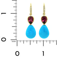 18K Yellow Gold Turquoise and Garnet Drop Earrings
